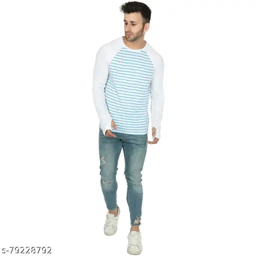 Blue & White Cotton Raglan FS Tee T-Shirt by Saava for men's stylish casual wear, made in India