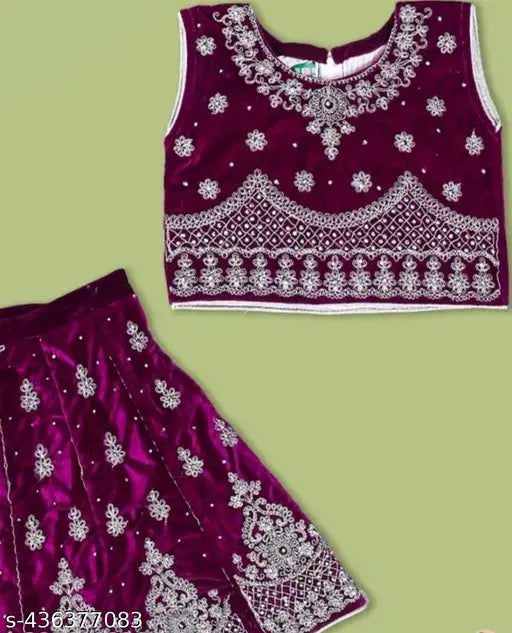 Embroidered pink velvet kids' Lacha, Indian ethnic motif with sleeveless design, heavy embroidery on both top and bottom