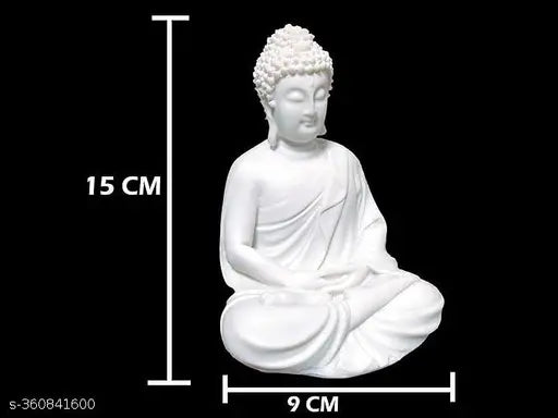 White resin meditating Buddha statue, decorative showpiece in sitting position and Dhyan Mudra, ideal for home temple or office desk