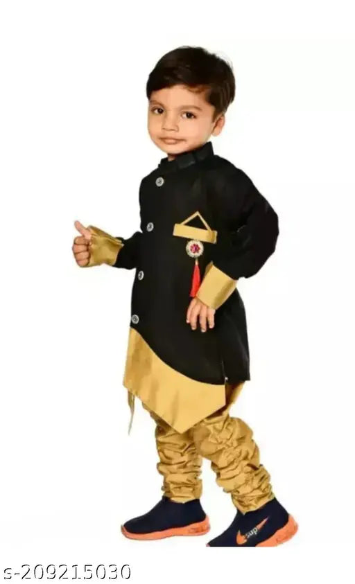Blue cotton blend kurta pejama set for boys, solid pattern, long sleeves, suitable for ages 3-8 years