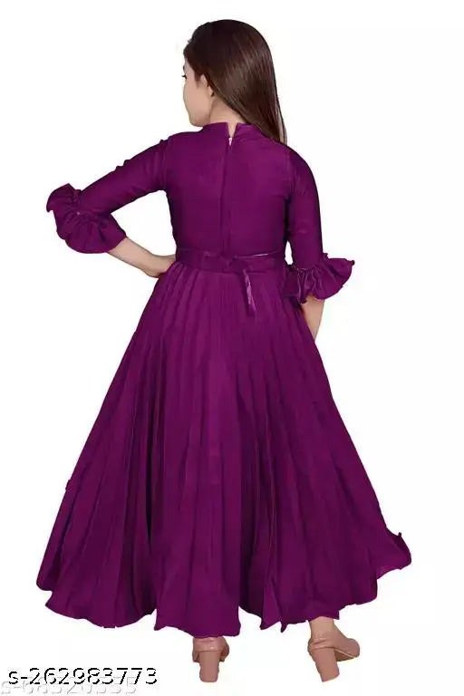 Purple silk, three-quarter sleeve party/casual dress for girls, solid net pattern, best seller on display
