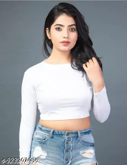 Cotton long sleeve white crop top, flattering fit, versatile style, premium quality