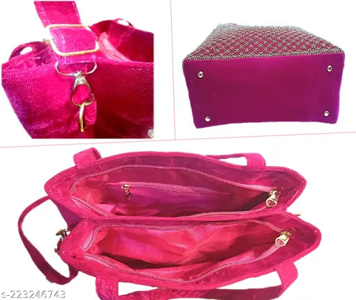 Soft velvet bridal handbag for girls/women partywear, embroidery work by Rani Zarkan. 3 compartments, free size (10in x 5in x 10in), India origin