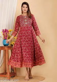 Women's stylish rayon Anarkali gown with embroidered wine-print kurti, A-line calf length, three-quarter sleeves