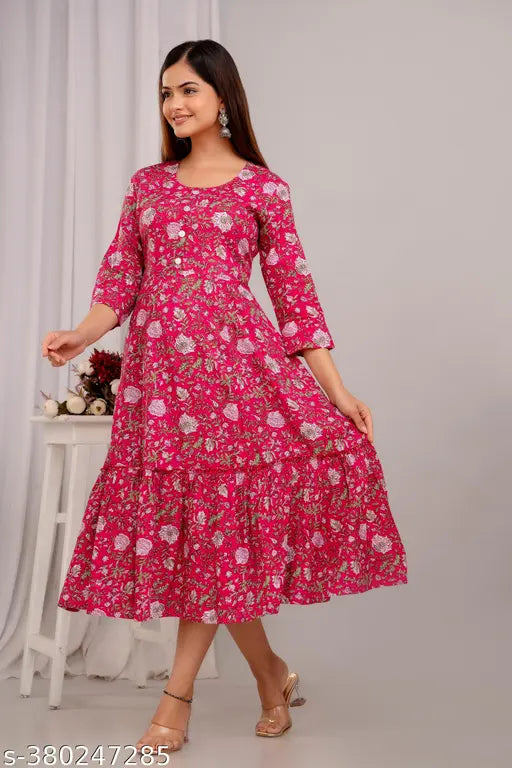 Rayon printed Anarkali kurti, three-quarter sleeves, ideal for casual wear & events, lightweight fabric ensures perfect fit, trendy fashion accessory on display