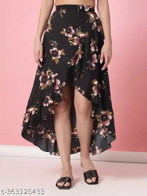 Black crepe OOMPH Women's printed floral A-line high low wrap-style skirt with ruffles, elastic waist. Size N (30in waist, 38in length, 32in hip). India origin