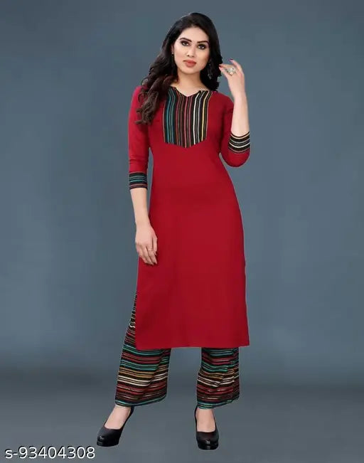 Stylish gold printed rayon kurti & plazzo set for women, solid design, three-quarter sleeves, India origin