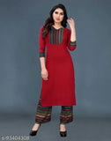 Stylish gold printed rayon kurti & plazzo set for women, solid design, three-quarter sleeves, India origin