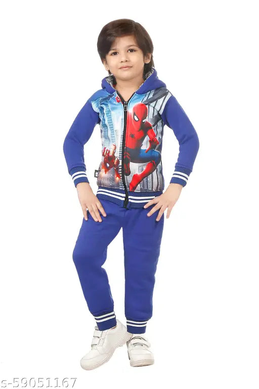 Blue wool unisex kids' sweatshirt and joggers set, hooded with zip closure, solid pattern, drawstring closure. Machine washable, suitable for ages 3-6 months to 2-3 years. Made in India." (104 characters)
