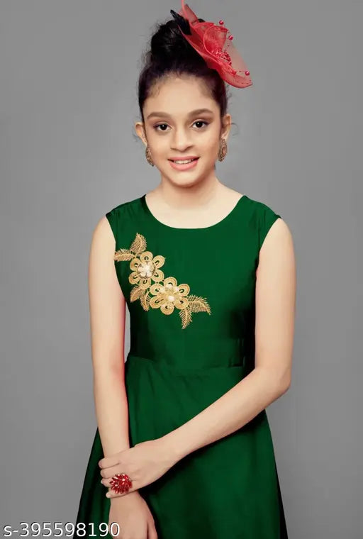 Green solid round neck ethnic gowns by Bold Born Kids, sleeveless, for 2-3 years to 7-8 years old. Made in India