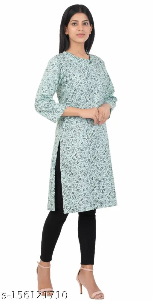 Stylish black printed green cotton kurti with three-quarter sleeves, XL, L, XXL, XXXL for women and girls. Indian ethnic wear for summer fashion