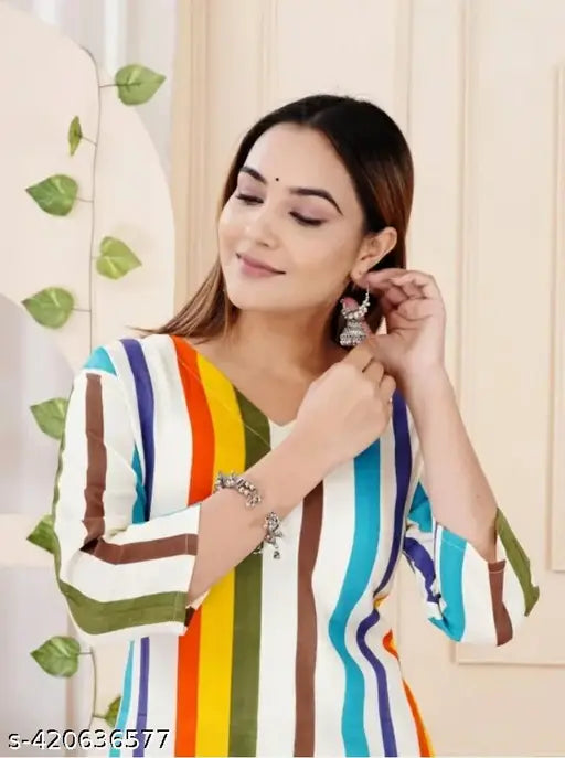 MultiColor Cotton Printed Kurta Palazzo Set on fashionable woman, traditional-meets-western design, comfortable Rayon fabric for wardrobe essential