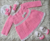 Handmade acrylic baby girl woolen frock/sweater with hairband cap and booties, solid pattern for 12-18 months winter wear from India