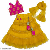 Baby girls lehenga choli set, acrylic & jacquard ethnic wear with printed lehenga, sleeveless blouse, net dupatta, and satin lining. Embroidered, V-neck, size 12-8 years. Indian-designed, fully stitched lehenga with embroidery lace border