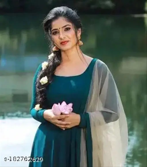 Georgette ramaj gown, solid net full-length dress with crepe lining, 2m dupatta set, Indian bridal wear