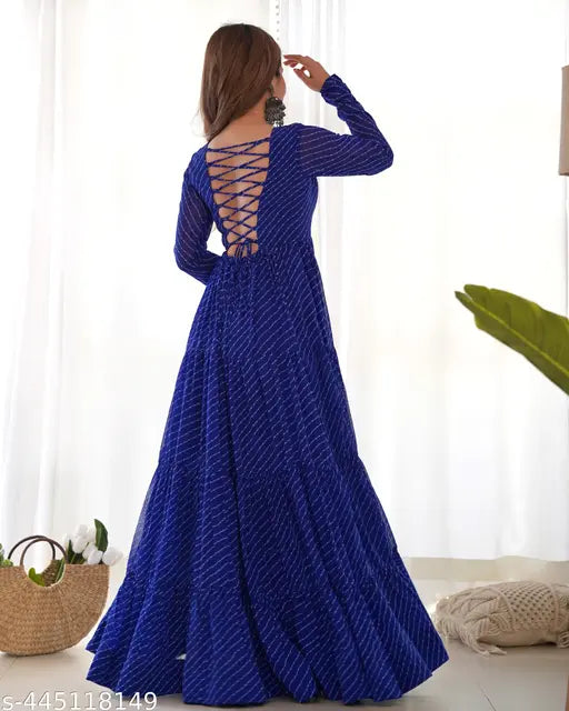 Pure soft fox Georgette Laheriya print anarkali gown, heavy, fully flared with padded sleeves, side zipper, and microscrape lining - Indian handcrafted traditional wear" (123 characters)