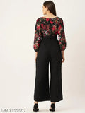 Floral printed polyester VNeck basic jumpsuit with waist tie-ups, three-quarter sleeves in XS-5XL sizes