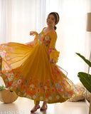 Organza silk Anarkali gown with flared Kali pattern, full-length sleeves, and dupatta set, soft pink color