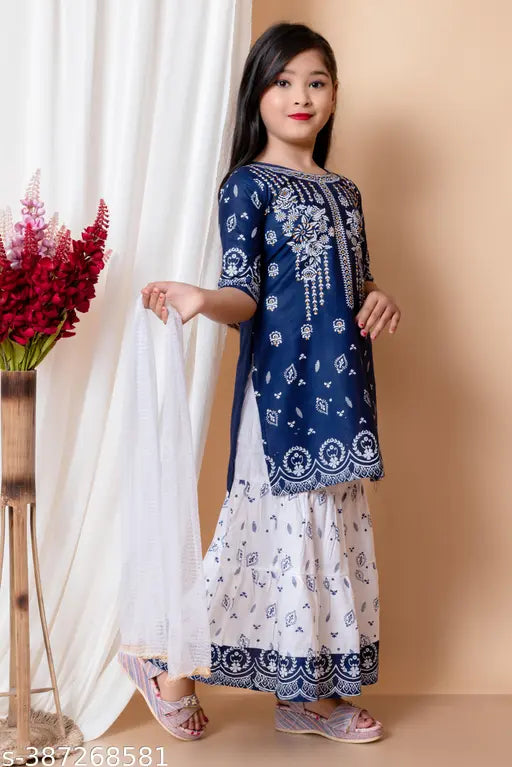Printed cotton blend girls skirt and dress, three-quarter sleeves, pack of 1. Indian made fashion for young girls
