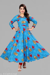 Rayon long Anarkali Kurti with keyhole neck, three-quarter sleeves, printed combo. Indian dress for office wear or occasions, cotton lining, breathable and comfortable. Size L (Bust 40"), XL (Bust 42"), XXL (Bust 44"), 5XL (Bust 50"), 6XL (Bust 52"), 8XL (Bust 56"). Made in India