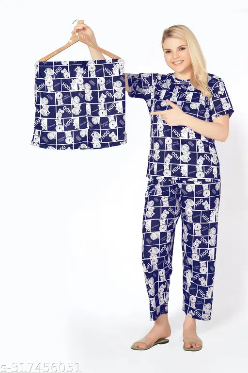 Printed polyester night suit set - women's 3-piece combo: t-shirt, shorts & pyjama, featuring a casual design in vibrant colors, from India