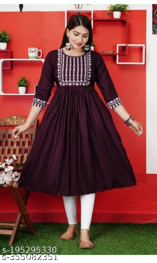 Rayon embroidered Anarkali Kurta, solid combo three-quarter sleeves, Indian traditional clothing on mannequin