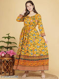 Women's printed viscose rayon Anarkali kurta with three-quarter sleeves, vibrant Indian design on display