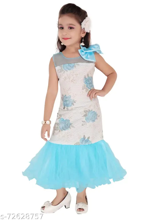 Blue net kids mermaid dress, sleeveless with printed sea life pattern. Suitable for 3-4 to 8-9 years old at princess birthday parties. Indian origin