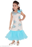 Blue net kids mermaid dress, sleeveless with printed sea life pattern. Suitable for 3-4 to 8-9 years old at princess birthday parties. Indian origin