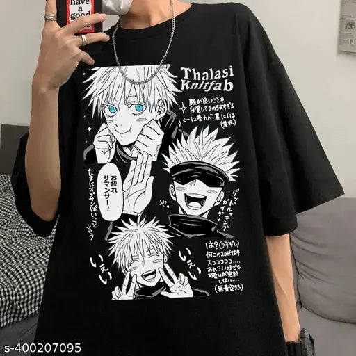 Korean oversized women's THALASI Anime T-shirt, printed with Jujutsu Kaisen character, polycotton fabric, short sleeves