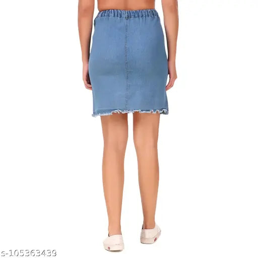 Lightblue denim straight skirt by Kashian for women, solid pattern, sizes: 28, 30, 32, 34, made in India