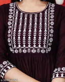 Trendy rayon anarkali kurti, solid combo, three-quarter sleeves. Close-up image of vibrant Indian fashion wear for women