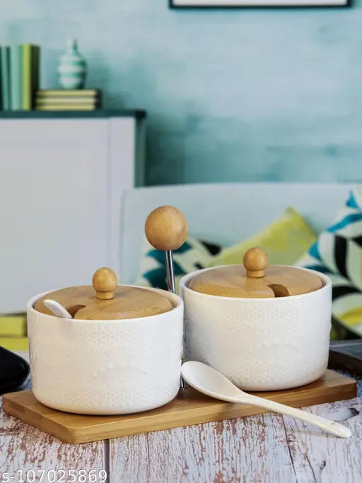 White gold porcelain condiment set with wooden tray & spoons (2pcs canisters, 2pcs spoons, 1pc tray), 270ml, perfect for serving sauces, seasonings, and pickles