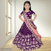 Embroidered kids girls traditional semi-stitched satin lehenga choli with short sleeves, Indian handcrafted embroidery on net fabric