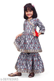 Grey cotton anarkali pants kurta set for girl, festive collection print design, three-quarter sleeves, sizes from 12 months to 8 years