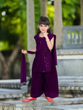 Georgette A-line festive party kurta, palazzos & dupatta set - Indian embellished embroidered sleeveless outfit for girls aged 2-16