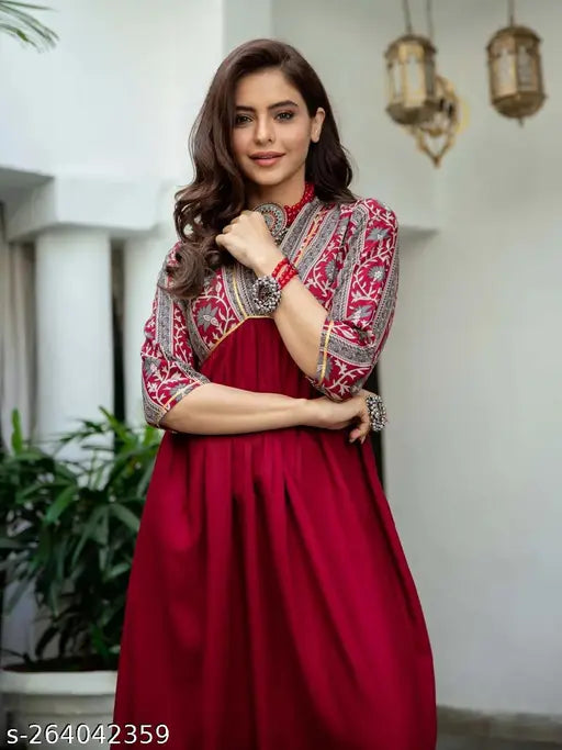 Maroon rayon printed Anarkali kurti with three-quarter sleeves, vibrant Indian fashion for women