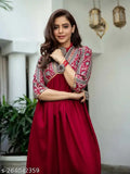 Maroon rayon printed Anarkali kurti with three-quarter sleeves, vibrant Indian fashion for women