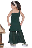 Sequinned chiffon A-line kurti plazzo set for kids, embellished with adjustable straight tops, easy to wash and suitable for 2-11 years. Indian sequined kid's outfit on display