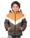 Boys nylon winter puff jacket with hoodie, colorblocked design for cold weather protection