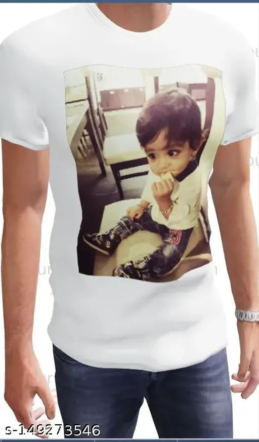 White polycotton T-shirts with custom printing for men and women by TAHZEEB, suitable for short sleeves. Size XS (32 in bust). Personalized designs possible. Made in India