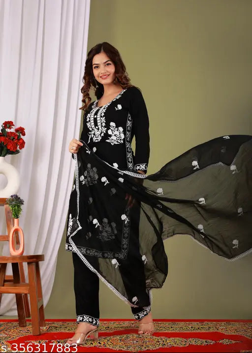 Rayon embroidered kurti set with pant and dupatta, latest designer ladies fashion in multiple sizes from XL to 4XL, made in India