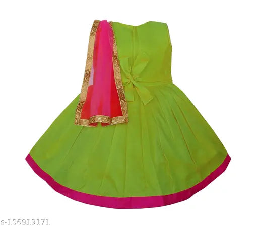 Green satin embroidered net party dress for kids, stylish and elegant