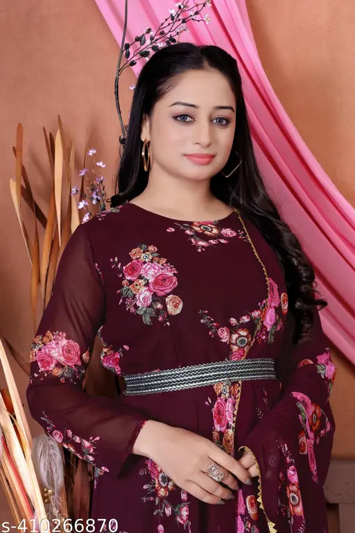 Floral print Georgette long sleeve dress for women, XS-XXXL, hand wash, Indian origin