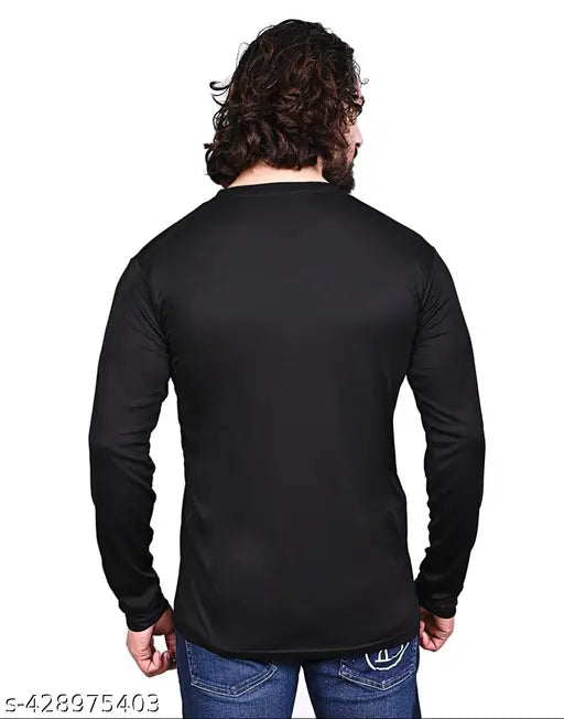 Dark black men's solid round neck polyester t-shirt, long sleeves, ideal for casual wear