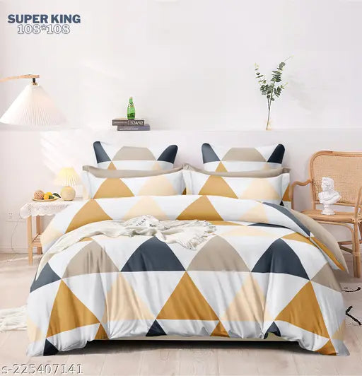 Classy geometric print cotton super king size bedsheet (108x108in), includes 2 pillow covers, ideal for summer use, made in India