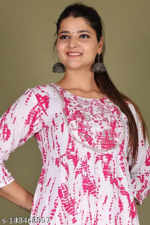 Tie-dye rayon umbrella kurti with lace border, for casual and festive wear (size: XS-6XL)