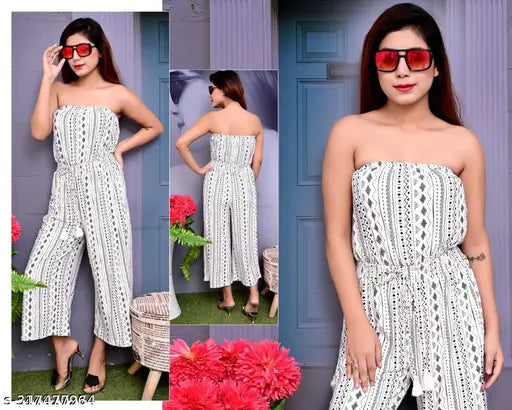 Printed rayon shoulder less jumpsuit for girl, floral detail, sweat-absorbent lining