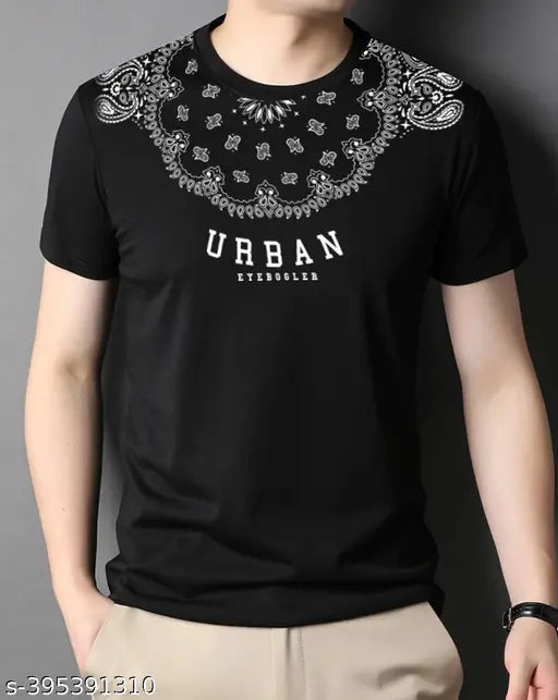 EyeBogler Men's black cotton blend round neck t-shirt, printed typography design on front chest. Summer collection, perfect casual wear