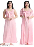 Cotton and satin women's nighty set, sleeveless plazo night suit in solid pattern, includes free robe (M: 36in Bust, 52in Length)